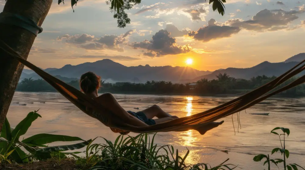 Voyageur profitant d’un moment de détente dans un hamac au bord de l’eau, symbole du bien-être et de la sérénité offerts par Enila’s Prestige