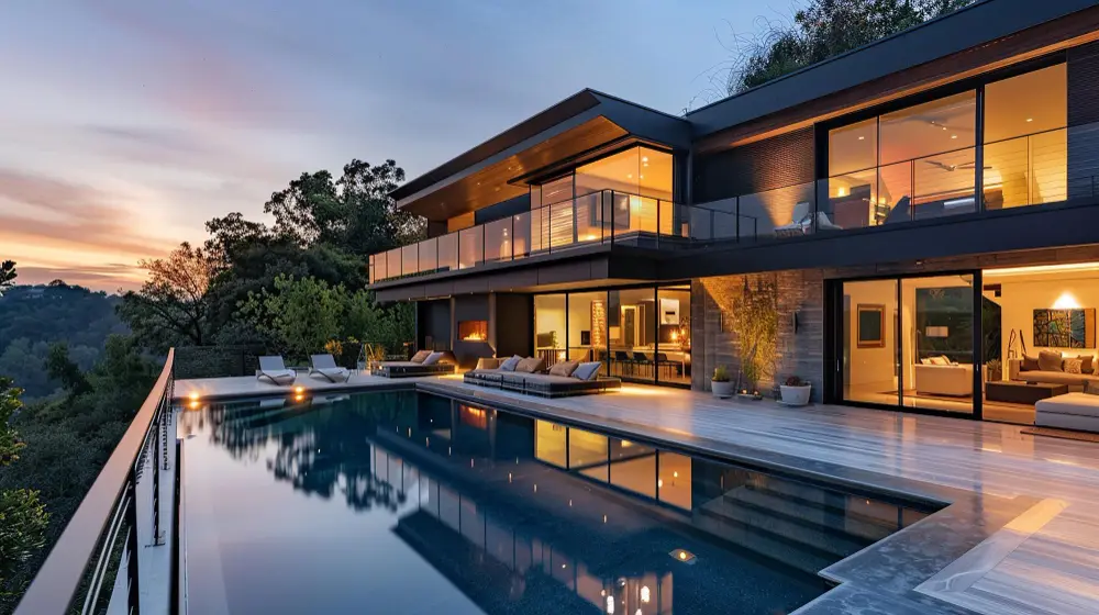 Villa de prestige avec piscine illuminée au coucher du soleil, reflet du confort et de l’élégance des biens gérés par Enila’s Prestige
